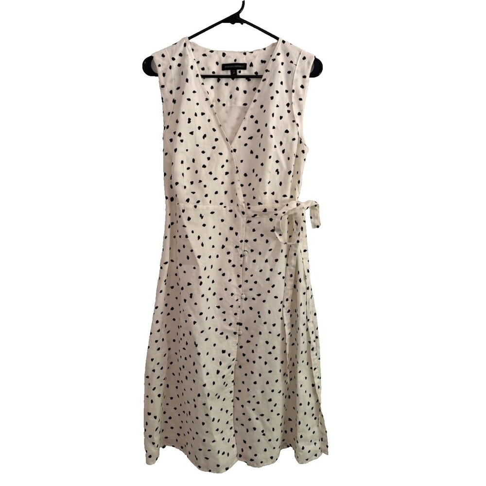 Banana Republic Midi Wrap Dress Women Size 4 Petite White Linen Cotton Polka Dot